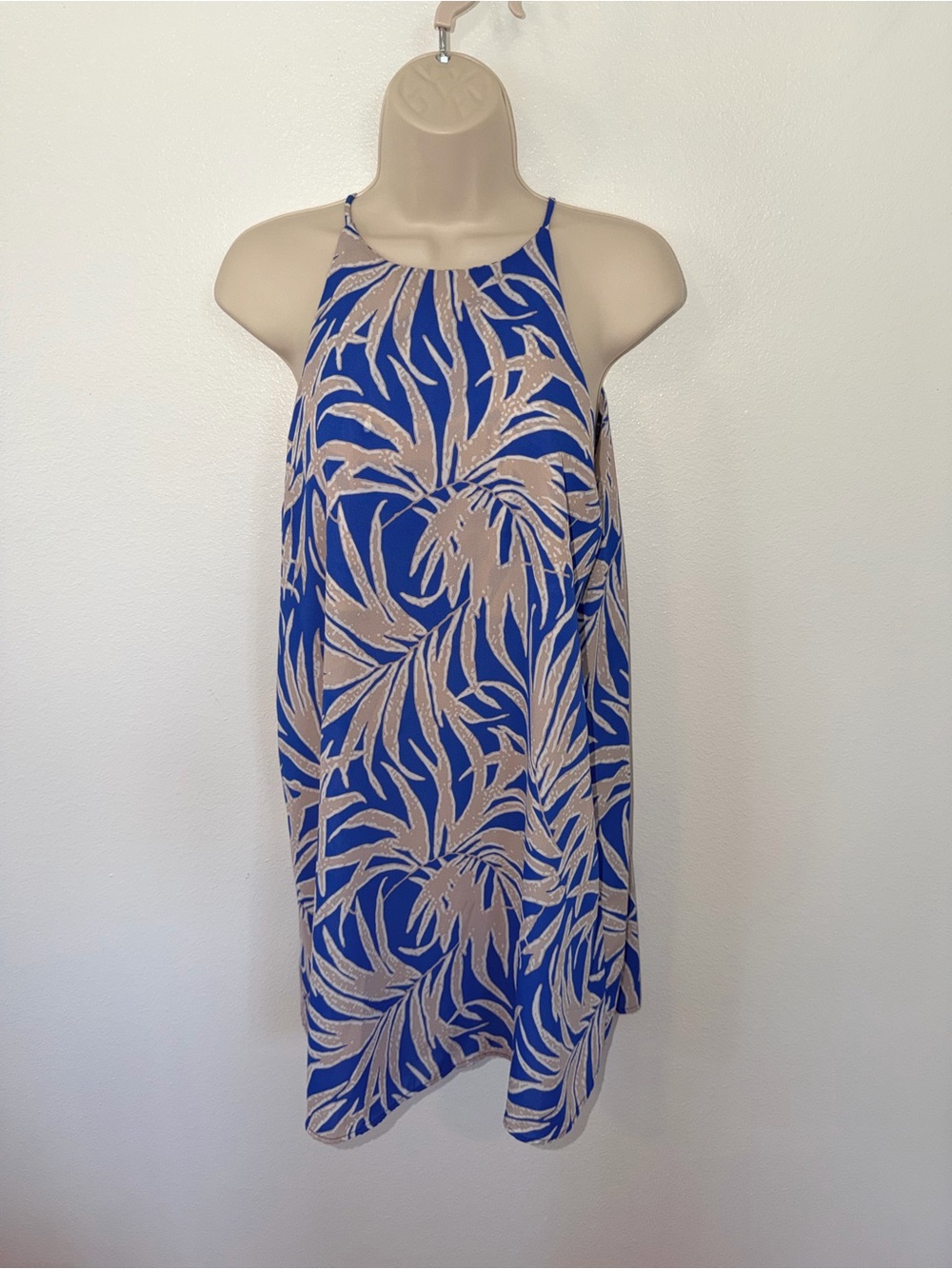 Tyche Royal Blue and Tan Tropical Halter Mini Dress